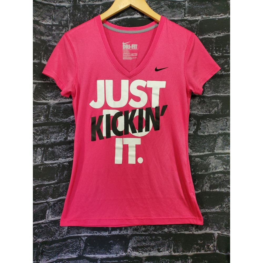 Nike Dri-FIT Womens XS Pink Just Kickin It Graphic V-Neck‎ Athletic T-Shirt